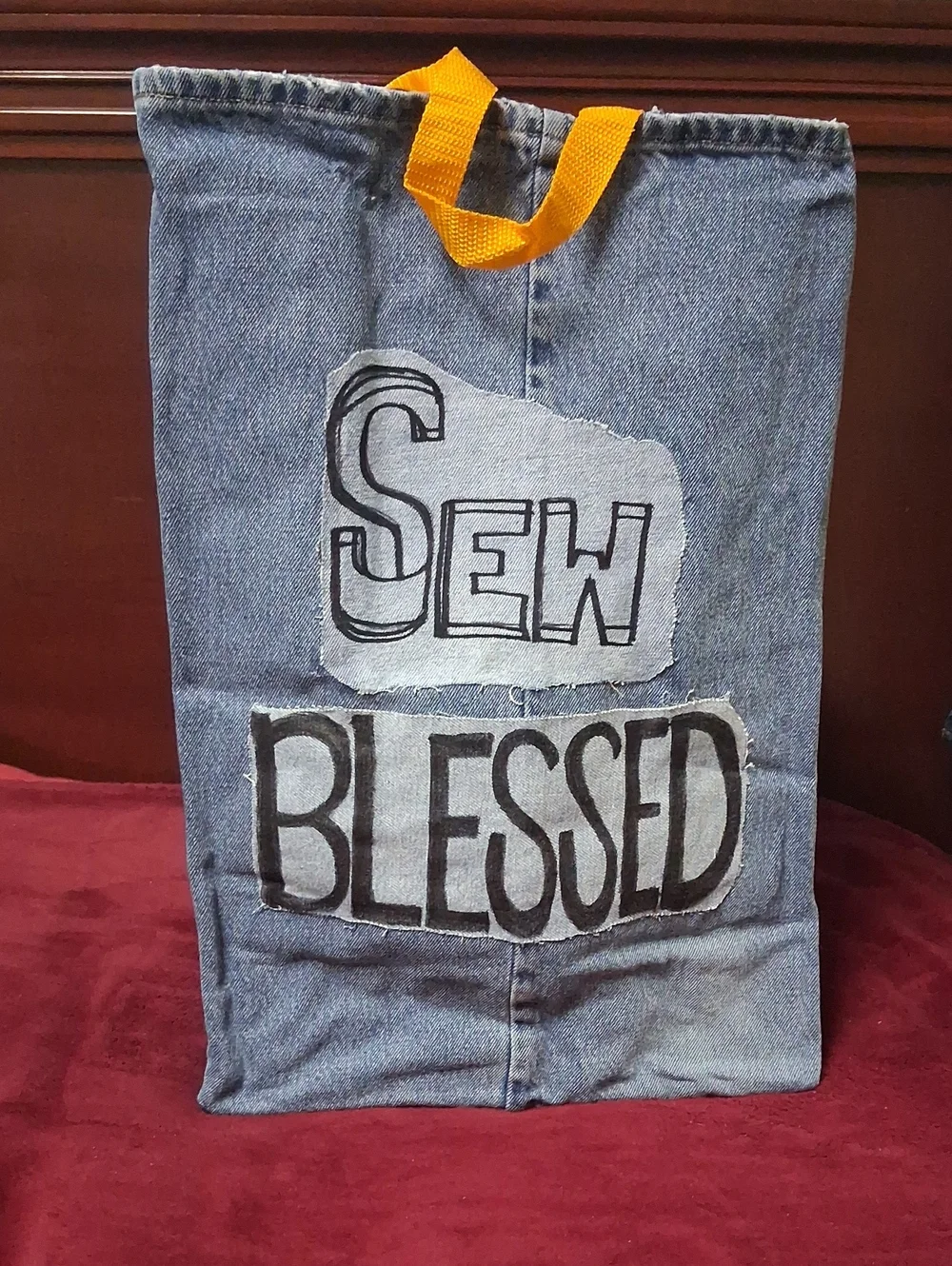Denim Handmade Tote Bag with Yellow Handles - 'Sew Blessed'